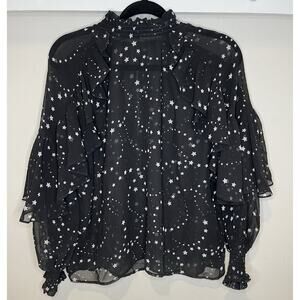 Maje Paris Sheer Star Print Ruffle Blouse Size 0 Black Long Sleeve High Neck